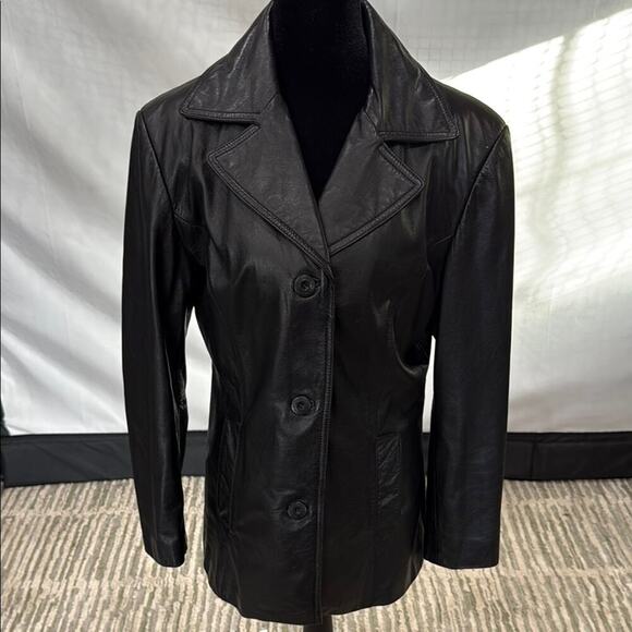 Maxima Black Leather Jacket with Notched Lapel - Picture 1 of 5
